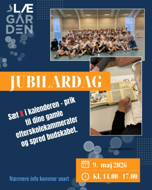 Snart er det tid til Jubilardag. Datoen er lørdag d. 9. Maj kl. 14.00 - 17.00.
Der bliver mulighed for at se dette års gymnastikopvisning, rundvisning, kaffe og hygge. Tilmelding og nærmere info kommer snart. Prik til dine gamle efterskole-kammerater, få samlet en flok og kom og genoplev gamle minder❤️