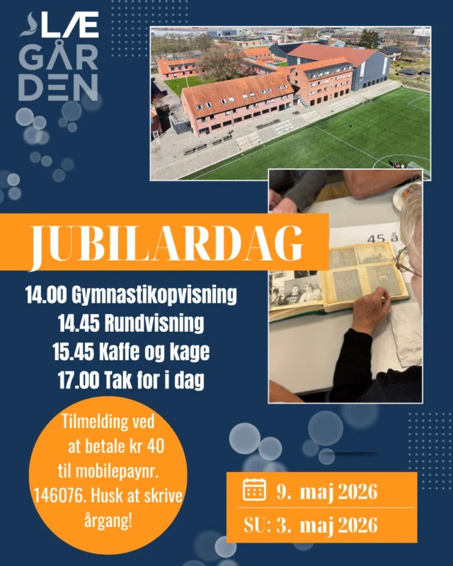 Så er tilmelding til Jubilardag åben! I tilmelder ved at sende kr 40 pr person til 146076. Husk at skrive hvilken årgang I repræsenterer. I år har følgende årgange jubilæum:
20/21
15/16
10/11
05/06
00/01
95/96
90/91
85/86
80/81
75/76
70/71
Få hanket op i de gamle venner og besøg Lægården til en hyggelig eftermiddag, hvor minderne kan genopfriskes!🙂😍. Hvem vil du allerhelst mødes med fra din årgang?😀
