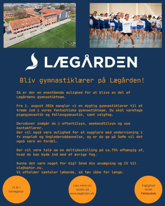 Jobopslag! Vi skal bruge en gymnastiklærer til pigegymnastik på Lægården efter sommerferien - hvem kunne det mon være?👀😃